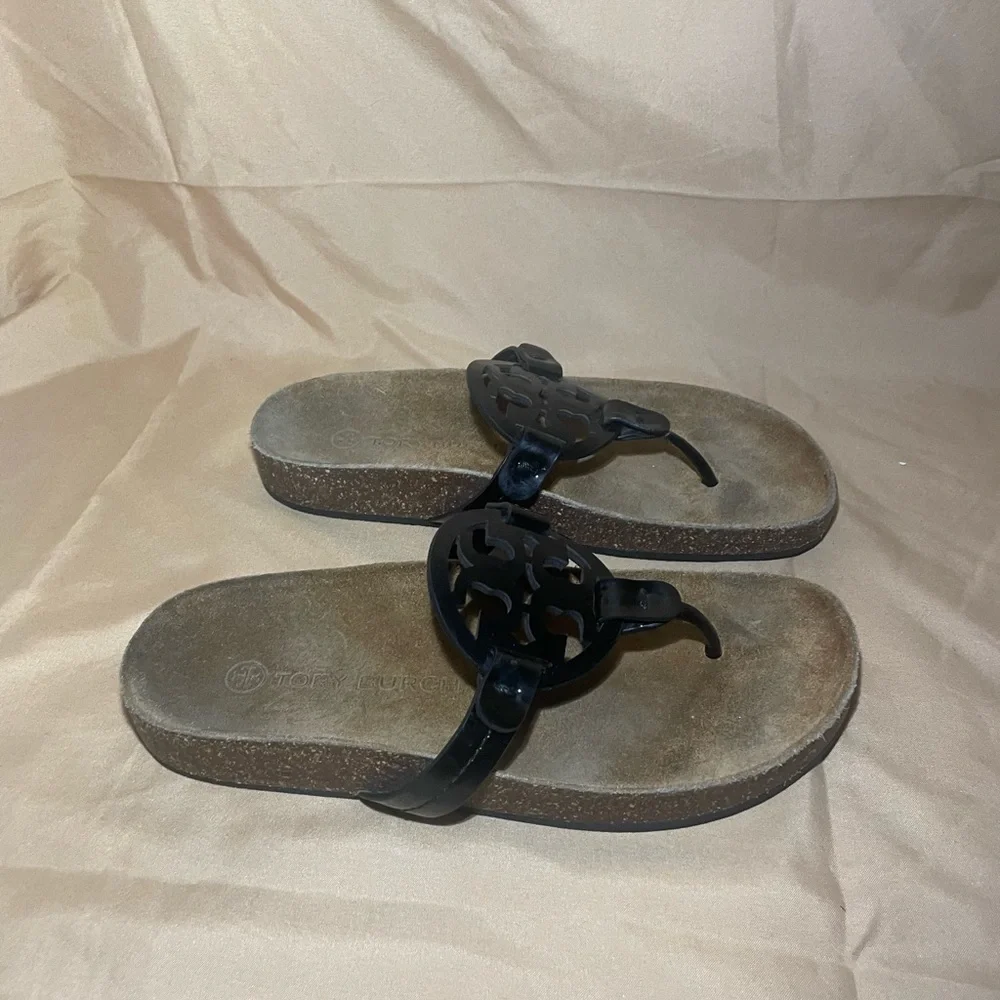 Tory Burch Miller Cloud Sandals Perfect Black Patent Leather/ Suede Cork